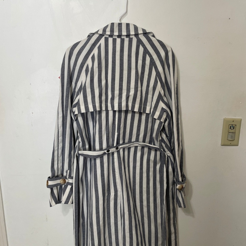 Navy Blue White Striped Double Breasted Trench Coat Jacket Belted Cuffs Large - Picture 6 of 8